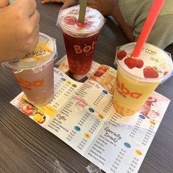 Boba Cafe - Blueberry smoothie with crystal boba, dragon fruit tea with lychee boba, passion fruit smoothie with passion fruit boba.