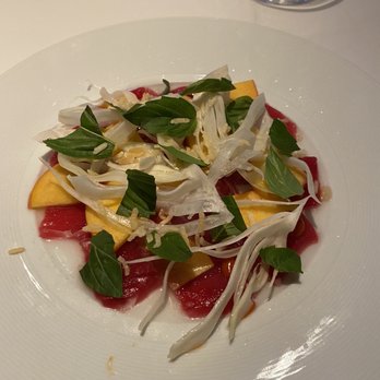 Mooncusser - Yellowfin Tuna Carpaccio with peaches, fennel and gochujang vinaigrette - Seafood Near Me - Boston, Massachusetts Mooncusser - Yellowfin Tuna Carpaccio with peaches, fennel and gochujang vinaigrette - Seafood Near Me - Boston, Massachusetts