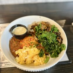Gracious Plenty Bakery & Breakfast - Build your own bowl with hashbrowns, kale, Mushrooms, pimento cheese, and eggs - amazing