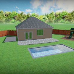 Plan It Premises Services - 3D drawing of 1000 sqft plus of natural grass, swimming pool installment, mulch area for playground, paver patio, concrete pad for parking