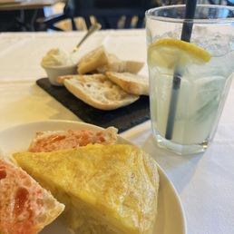Potato omelette, bread with aioli, fresh squeezed lemonade. Potato omelette, bread with aioli, fresh squeezed lemonade.