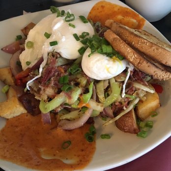 Uncommon Grounds - Corned beef has with vegetables, poached eggs, and chipotle sauce. Amazing!! - Breakfast & Brunch Near Me - Watertown, Massachusetts Uncommon Grounds - Corned beef has with vegetables, poached eggs, and chipotle sauce. Amazing!! - Breakfast & Brunch Near Me - Watertown, Massachusetts