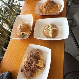 Ham & Cheese Croissant, chocolate croissant, garlic bread, & spinach artichoke croissant