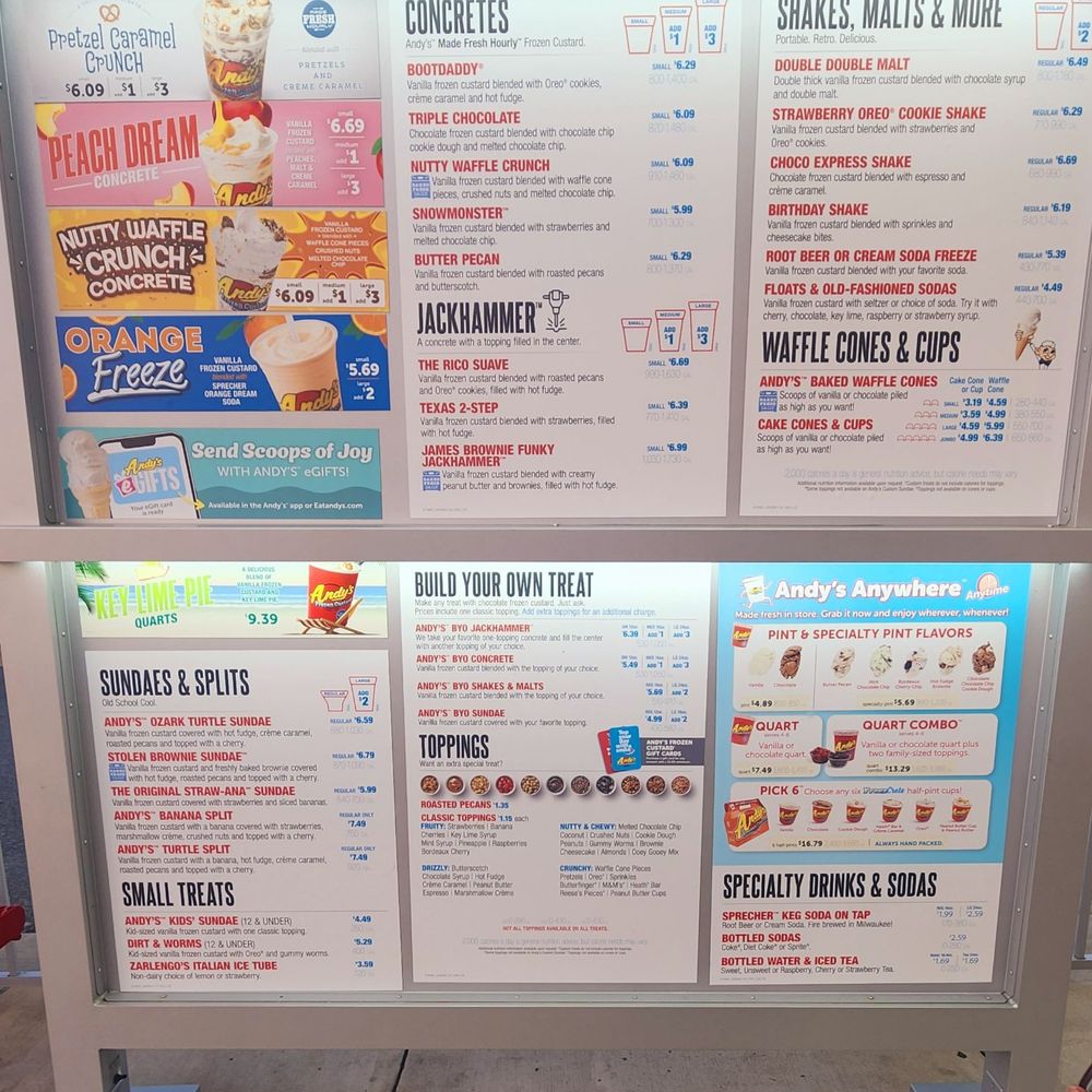 Andy's Frozen Custard - Menu - Ice Cream & Frozen Yogurt Near Me - Burlington, North Carolina Andy's Frozen Custard - Menu - Ice Cream & Frozen Yogurt Near Me - Burlington, North Carolina