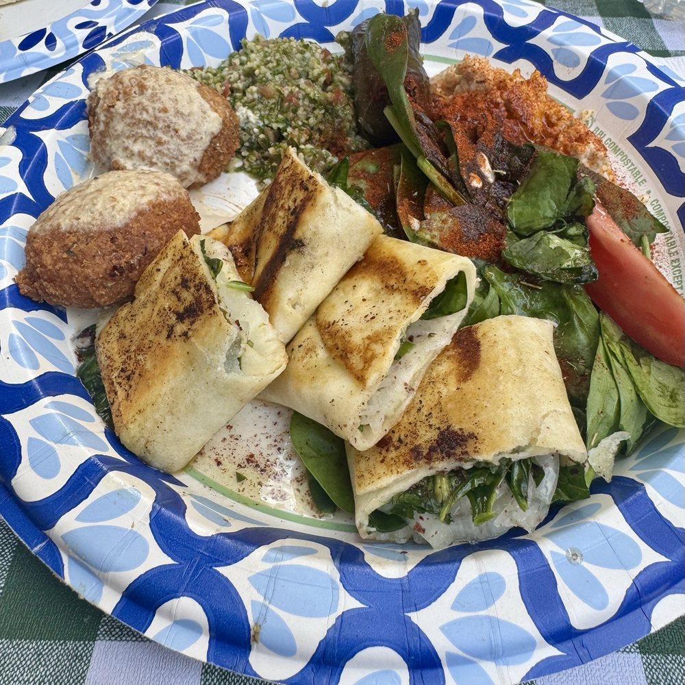 Paprika Cafe - Falafel, special made-to-order vegan spanakopita! (it's not on the menu), salad, hummus, dolma, tabouli, and tahini. So FRESH and delicious! - Mediterranean Near Me - Monterey, California