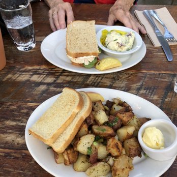 High Hand Cafe - Half turkey and cranberry sandwich with amazing potato salad with bread and butter pickles, breakfast potatoes with sourdough toast. - New American Near Me - Loomis, California High Hand Cafe - Half turkey and cranberry sandwich with amazing potato salad with bread and butter pickles, breakfast potatoes with sourdough toast. - New American Near Me - Loomis, California