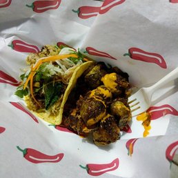 carnitas taco & deep fried Brussels sprouts. delicious. carnitas taco & deep fried Brussels sprouts. delicious.