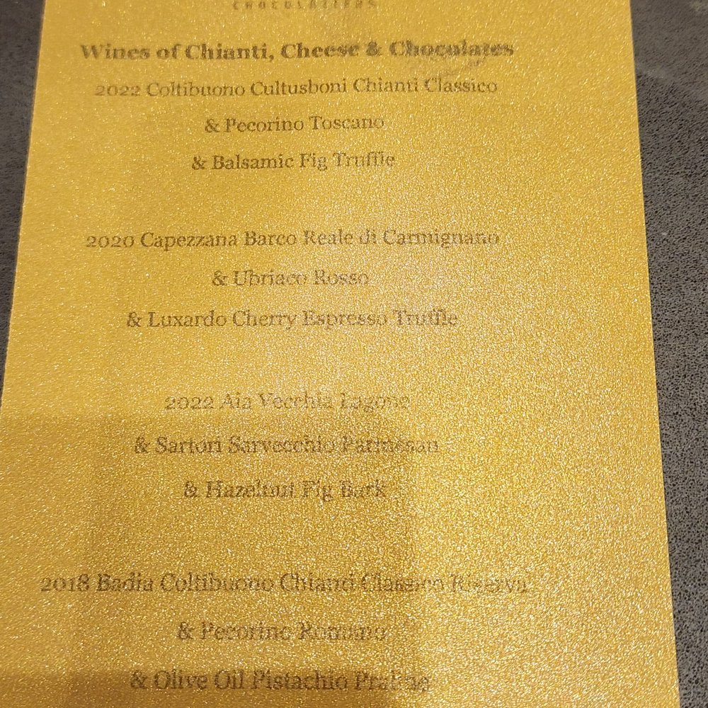 Indulgence Chocolatiers - Menu for Chianti, cheese, & chocolate pairing class tonight. - Chocolatiers & Shops Near Me - Brookfield, Wisconsin Indulgence Chocolatiers - Menu for Chianti, cheese, & chocolate pairing class tonight. - Chocolatiers & Shops Near Me - Brookfield, Wisconsin