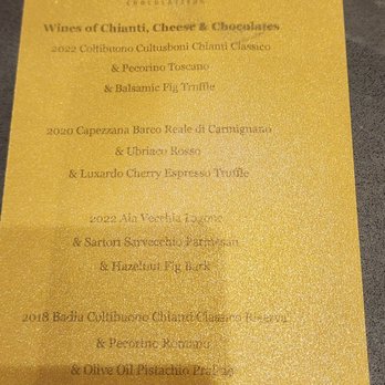 Indulgence Chocolatiers - Menu for Chianti, cheese, & chocolate pairing class tonight. - Chocolatiers & Shops Near Me - Brookfield, Wisconsin