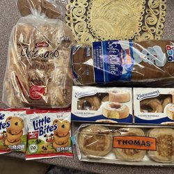 Bakery rolls, sliced bread, donuts, English muffins, chocolate chip muffins