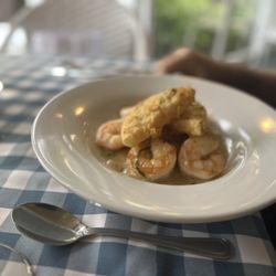 Ridgway Bar & Grill - Pan roasted florida pink shrimp: sweet corn grits cake, fried green tomato, tasso ham gravy