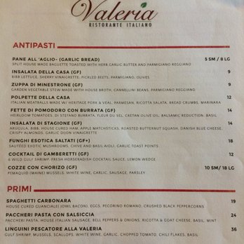 Valeria  - Current menu as of November 2018. Online menu is inaccurate - Pizza Near Me - Boerne, Texas