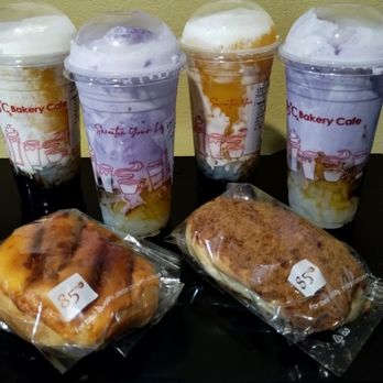 85°C Bakery Cafe-Torrance - Mango Coconut Smoothie with added lychee jelly and boba. Ube Coconut Smoothie with added boba.  Ham & Cheese and Pork sung bun. - Bakeries Near Me - Torrance, California
