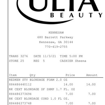 Ulta Beauty - Proof of my purchase - Hair Salons Near Me - Kennesaw, Georgia
