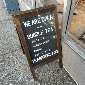 Teaspoons & Co. - Sandwich board outside~ (May 2024) - Bubble Tea Near Me - Burnaby, British Columbia