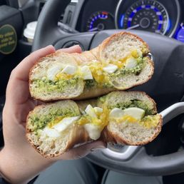 Pesto, egg and cheese on a bagel Pesto, egg and cheese on a bagel