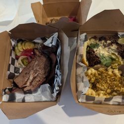 Union Barbecue - Pork belly burnt ends - top, brisket - left, barbacoa sandwich and mac n cheese - right