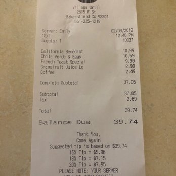 Village Grill - Receipt for three people - Breakfast & Brunch Near Me - Bakersfield, California Village Grill - Receipt for three people - Breakfast & Brunch Near Me - Bakersfield, California