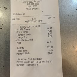 Cost for a burger and fries w/drink. Cost for a burger and fries w/drink.