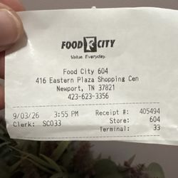 Food City - Store information from receipt