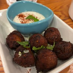 bengali sweet potato pakora with yogurt-truffle dip