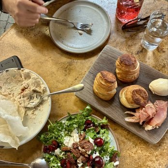 Manuela - Our light lunch: Smoked Albacore Dip w Rice Crackers  + Biscuits w  Butter & Ham + Arugula salad - New American Near Me - Los Angeles, California