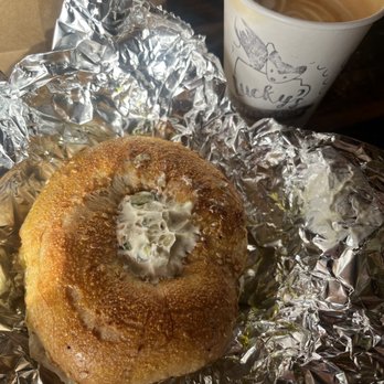 Luckys Coffee Garage - Everything bagel with jalapeño and cucumber cream cheese and garlic oil, a small latte. This cream cheese is so, delicious! - Coffee & Tea Near Me - Lebanon, New Hampshire