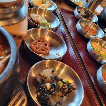 Gwangjang Market - From the bottom: mung bean jelly tossed in toasted seaweed (5/5), braised lotus root (3/5), pan fried egg battered zucchini (2/5) - Barbeque Near Me - Toronto, Ontario