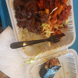 BBQ beef and firecracker chicken with a little spam musubi. Already ate the salad BBQ beef and firecracker chicken with a little spam musubi. Already ate the salad