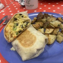 Breakfast burrito and home fries Breakfast burrito and home fries