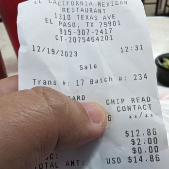 El California Mexican Restaurant - a hand holding a receipt - Mexican Near Me - El Paso, Texas El California Mexican Restaurant - a hand holding a receipt - Mexican Near Me - El Paso, Texas