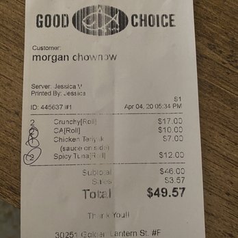 Good Choice Sushi - Price from restaurant. Less expensive then app. Do not use app. - Sushi Bars Near Me - Laguna Niguel, California Good Choice Sushi - Price from restaurant. Less expensive then app. Do not use app. - Sushi Bars Near Me - Laguna Niguel, California