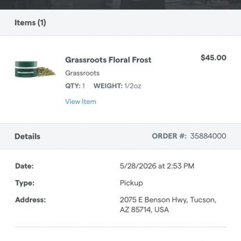 Earth's Healing - My actual order that I paid for notice the specific brand of "GRASSROOTS" and you can see it originally is $90 and on sale for $45 - Cannabis Clinics Near Me - Tucson, Arizona