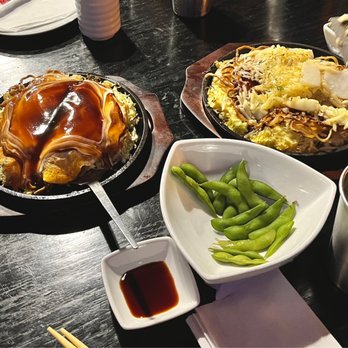 Fugetsu - Sunnyvale - Deluxe modanyaki (left) and cheese and potato modan-style okonomiyaki (right) - Japanese Near Me - Sunnyvale, California