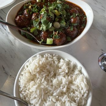 Sizzlin Stirfry Asian Bistro - Manchurian Gravy Veg balls with white rice - Asian Fusion Near Me - Raleigh, North Carolina