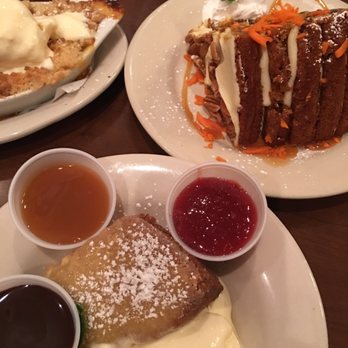 Crystal Beer Parlor - Dessert!  Bottom is the fried pound cake with each sauce on the side.  Left, peach cobbler and right is the carrot cake. - Southern Near Me - Savannah, Georgia