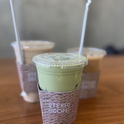 Stereoscope Coffee - Sweetened Medium Matcha Milk, Madagascar Vanilla Latte, and Royal Milk Tea