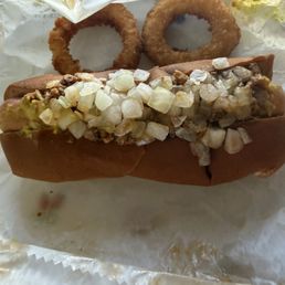 House Special Hot Dog. Stole some of my mom's onion rings