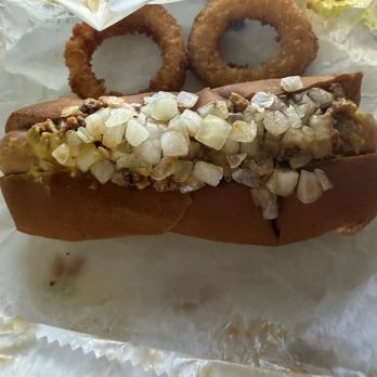Hot Dog World - House Special Hot Dog. Stole some of my mom's onion rings - Fast Food Near Me - Hendersonville, North Carolina