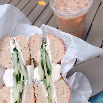 Pavement Coffeehouse - everything bagel with plain cream cheese and double cucumber, and a vanilla latte. - Coffee & Tea Near Me - Boston, Massachusetts Pavement Coffeehouse - everything bagel with plain cream cheese and double cucumber, and a vanilla latte. - Coffee & Tea Near Me - Boston, Massachusetts
