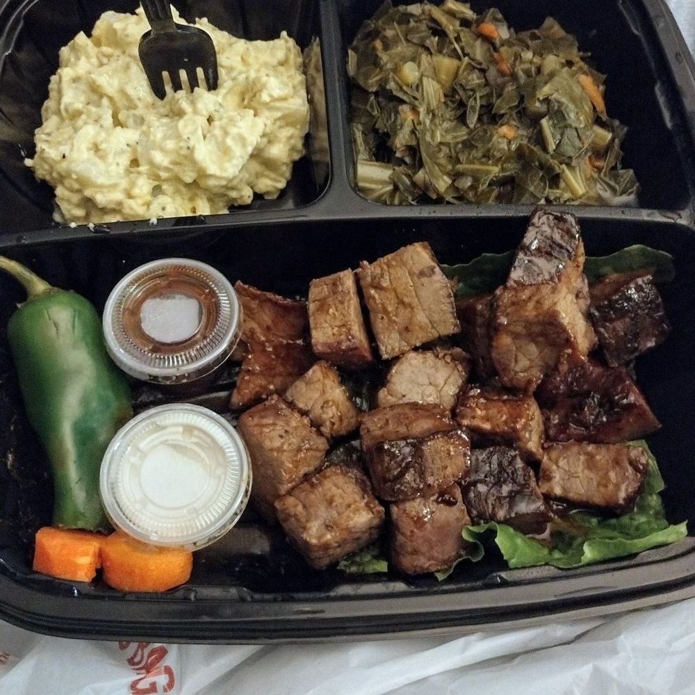 Burnt ends beef, greens, potatoes salad. I crave their food. Thank me later. Get you some. $13.00 Burnt ends beef, greens, potatoes salad. I crave their food. Thank me later. Get you some. $13.00