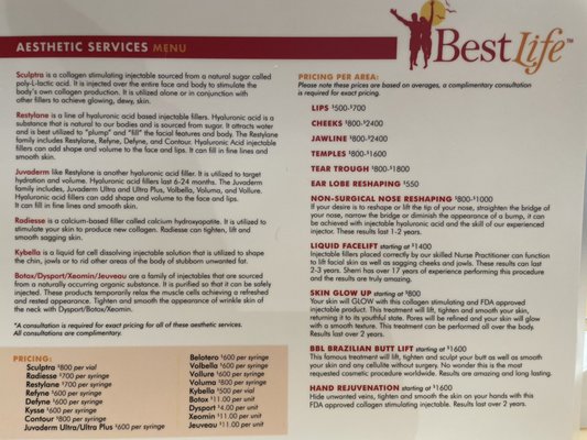 BestLife Clinics, Menu of Services - BestLife Clinic offers Aesthetic Services with our very talented Nurse Practitioner. She has over 17 years of injecting experience. Her work is flawless. Schedule a free consultation via our website: www.bestlife.clinic We also offer IV Nutrition Therapy. Our IV RN has over thirteen years of IV Nutrition Experience. Our IV bags are mixed on site and do not have any preservatives. We offer the purest and best ingredients to support you living your best life. BestLife Clinics, Menu of Services - BestLife Clinic offers Aesthetic Services with our very talented Nurse Practitioner. She has over 17 years of injecting experience. Her work is flawless. Schedule a free consultation via our website: www.bestlife.clinic We also offer IV Nutrition Therapy. Our IV RN has over thirteen years of IV Nutrition Experience. Our IV bags are mixed on site and do not have any preservatives. We offer the purest and best ingredients to support you living your best life.