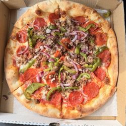 Cheese Pizza add ground beef add pepperoni add red onion add green peppers