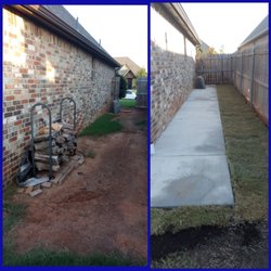 Okla-Scapes Landscaping - Side yard cleanup with new sidewalk, downspout drain pipes, & sod.