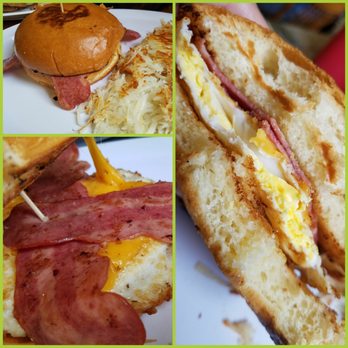 Monkey Business Cafe - My monkey bun with turkey bacon & a side of hashy! 07/01/17 - Sandwiches Near Me - Fullerton, California