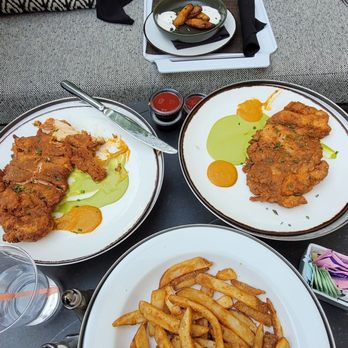 Benicia's Kitchen - FRIED CHICKEN Buttermilk Chicken Thigh, and Aji Verde,Peri-Peri Sauces, Fried Platanos con Crema, and French Fries - Breakfast & Brunch Near Me - Sonoma, California