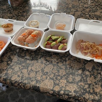 Sushi Asahi - stuffed tomato, Jen Jen, R16. Scorching Crab Roll, R12. Jessica Albacore, S20. Onion Albacore Sushi and S15. Smelt Egg Sushi. - Sushi Bars Near Me - Riverside, California