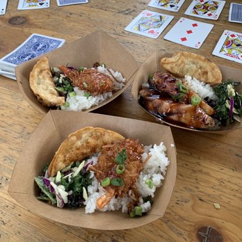 The Bamboo Skewer - Coconut shrimp, pot stickers, teriyaki chicken. On a bed on Asian slaw and white rice. - Food Trucks Near Me - Denver, Colorado