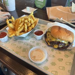 Strawberry Shake & ShackBurger, Fries and side of shack sauce Strawberry Shake & ShackBurger, Fries and side of shack sauce