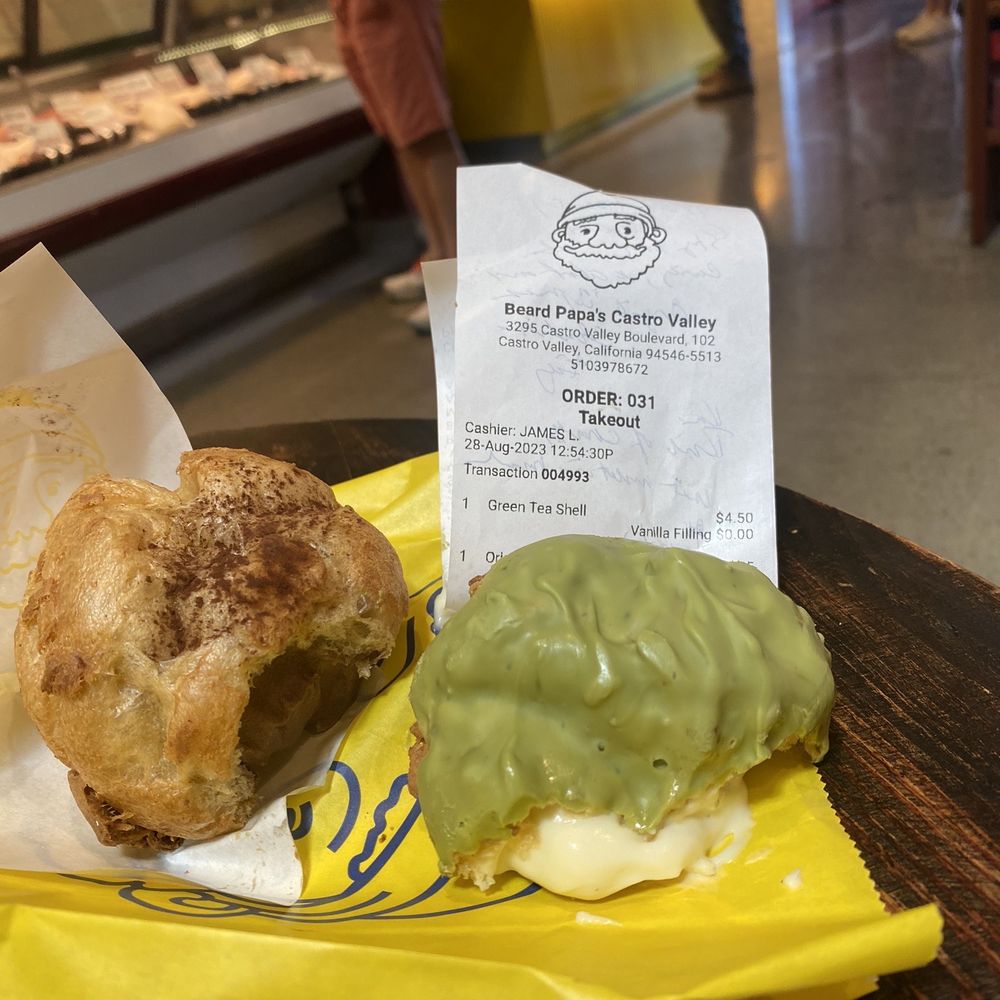Beard Papa's Castro Valley - Original with chocolate (l. 4.25), green tea with vanilla (r. 4.50) - Desserts Near Me - Castro Valley, California Beard Papa's Castro Valley - Original with chocolate (l. 4.25), green tea with vanilla (r. 4.50) - Desserts Near Me - Castro Valley, California